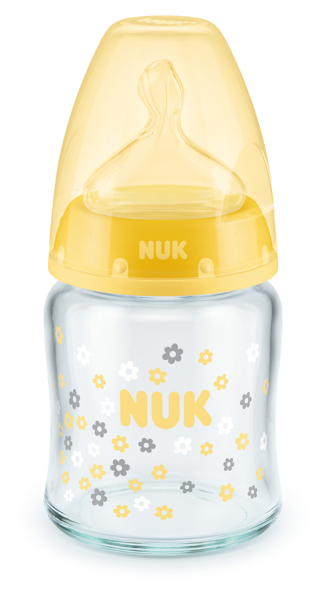 NUK Sklenená fľaša First Choice+ 120ml, silikónový cumlík M, 0-6m Žltá ks