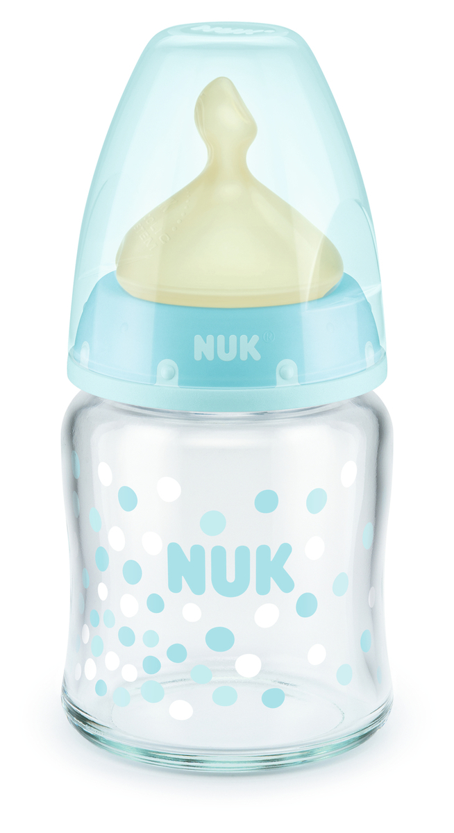 NUK Sklenená fľaša First Choice+ 120ml, latexový cumlík M, 0-6m Modrá ks