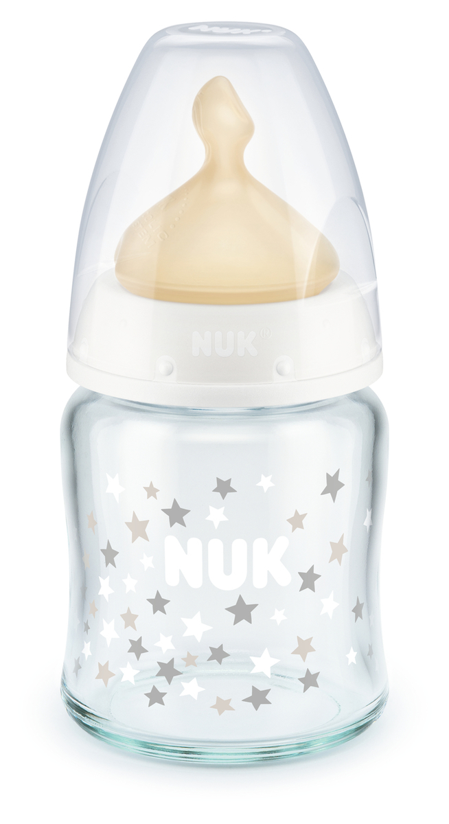 NUK Sklenená fľaša First Choice+ 120ml, latexový cumlík M, 0-6m Biela ks