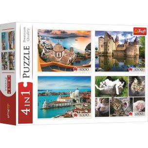 Trefl Puzzle Santorini, Benátky, Zámok Sully-sur-Loire a Mačky 4x1000 dielikov